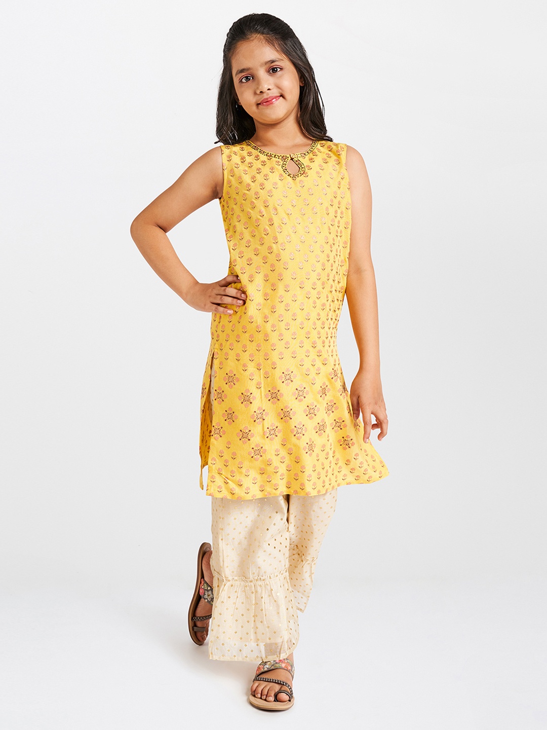

Global Desi Girls Mustard & Off-White Printed Kurta with Palazzos