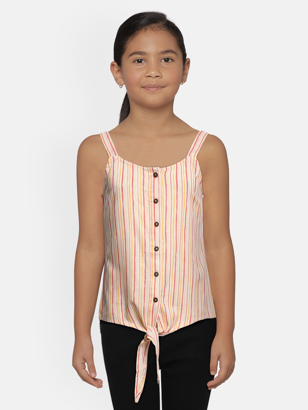 

Global Desi Girls White & Orange Striped Shoulder Straps Top