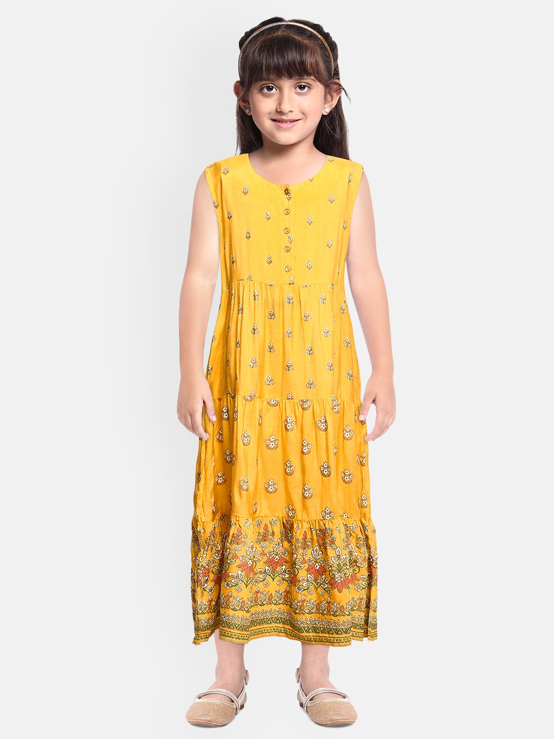 

Global Desi Girls Yellow Printed A-Line Dress