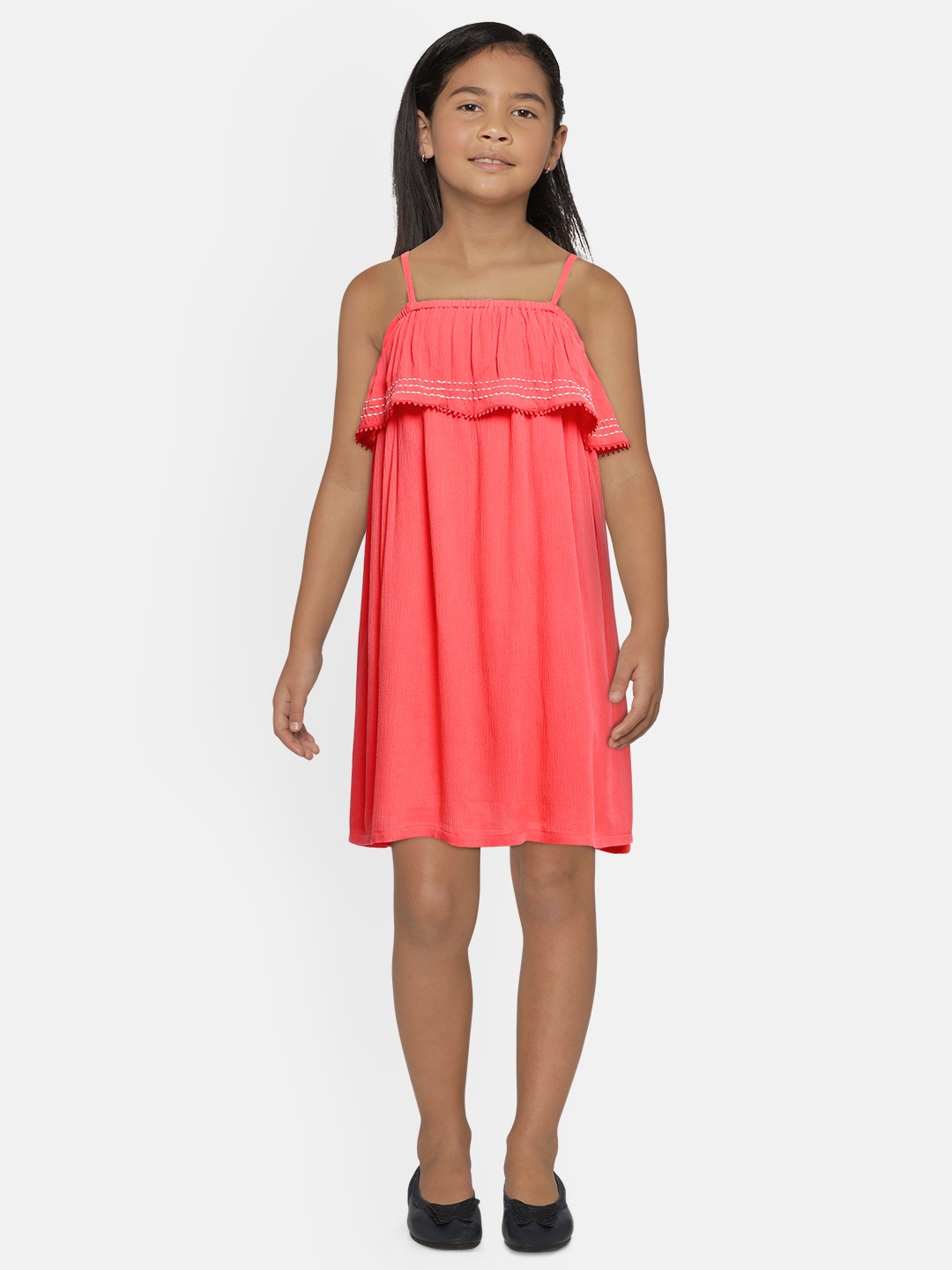 

Global Desi Girls Coral Pink Solid Fit and Flare Dress