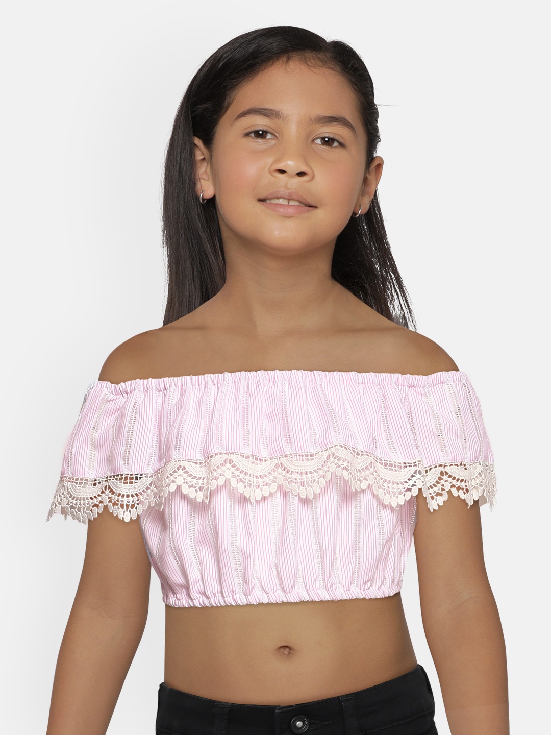 

Global Desi Off White & Pink Off-Shoulder Bardot Top