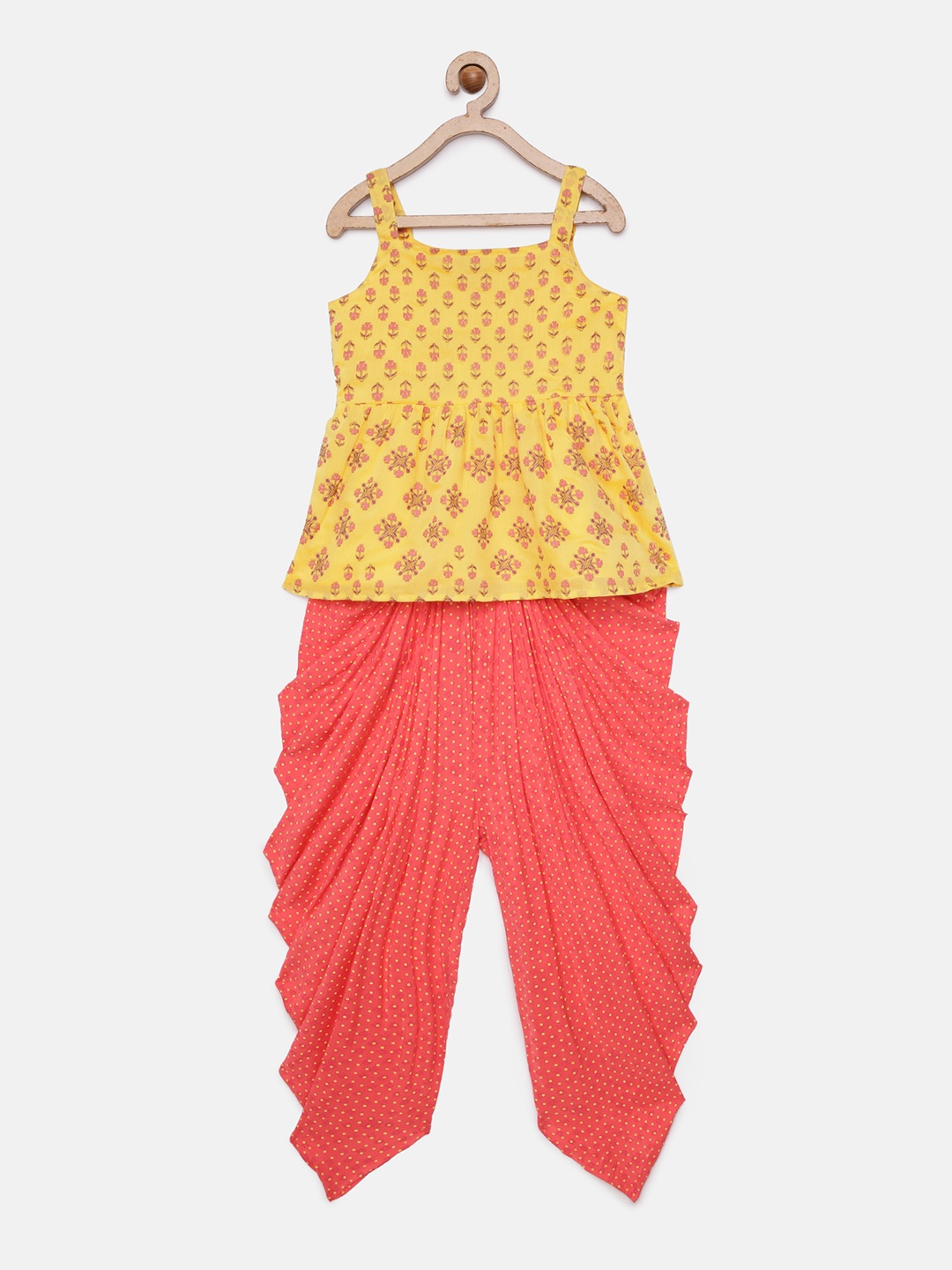 

Global Desi Girls Mustard Yellow & Pink Printed Top with Dhoti Pants