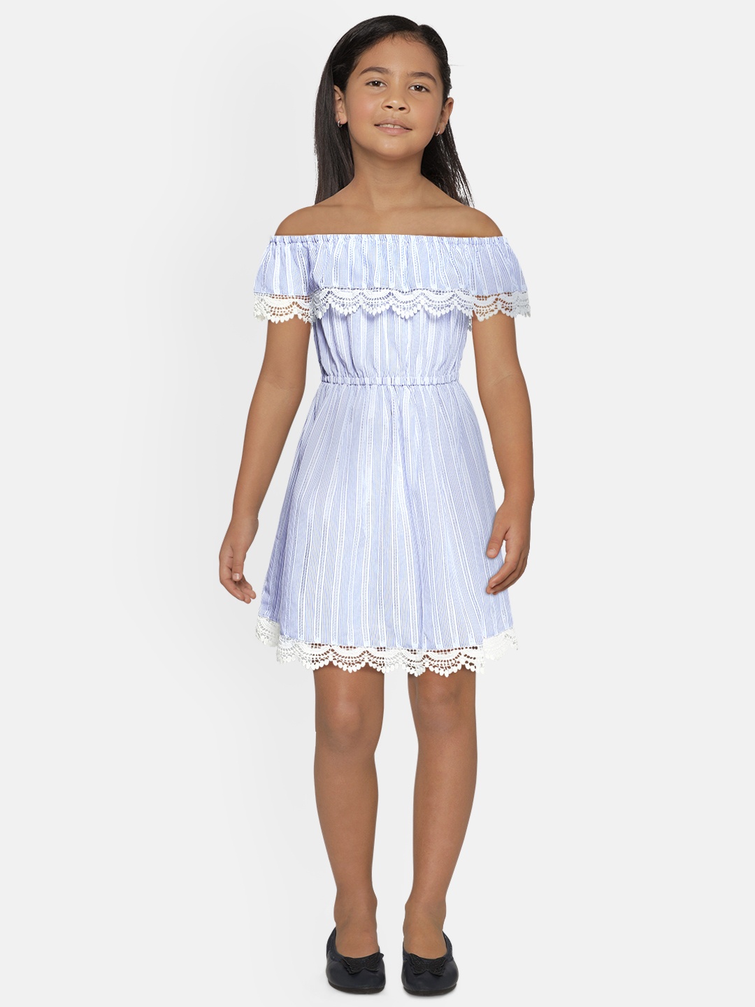 

Global Desi Girls Blue & White Striped Fit and Flare Dress