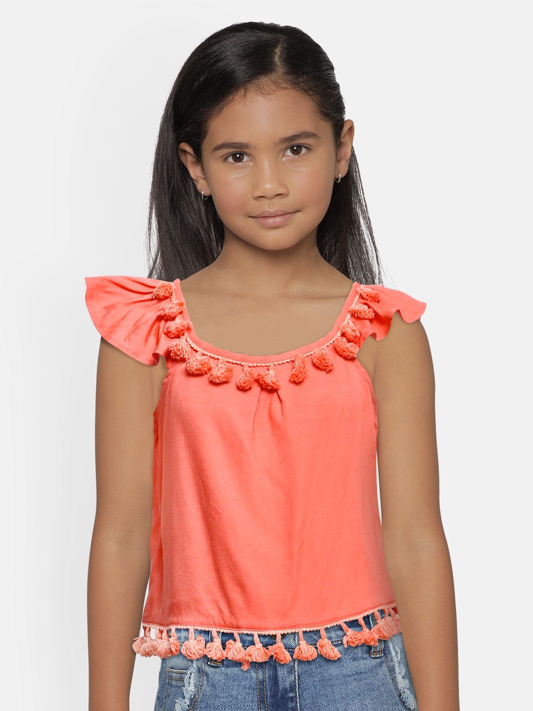

Global Desi Girls Coral Orange Solid Flutter Sleeves Top