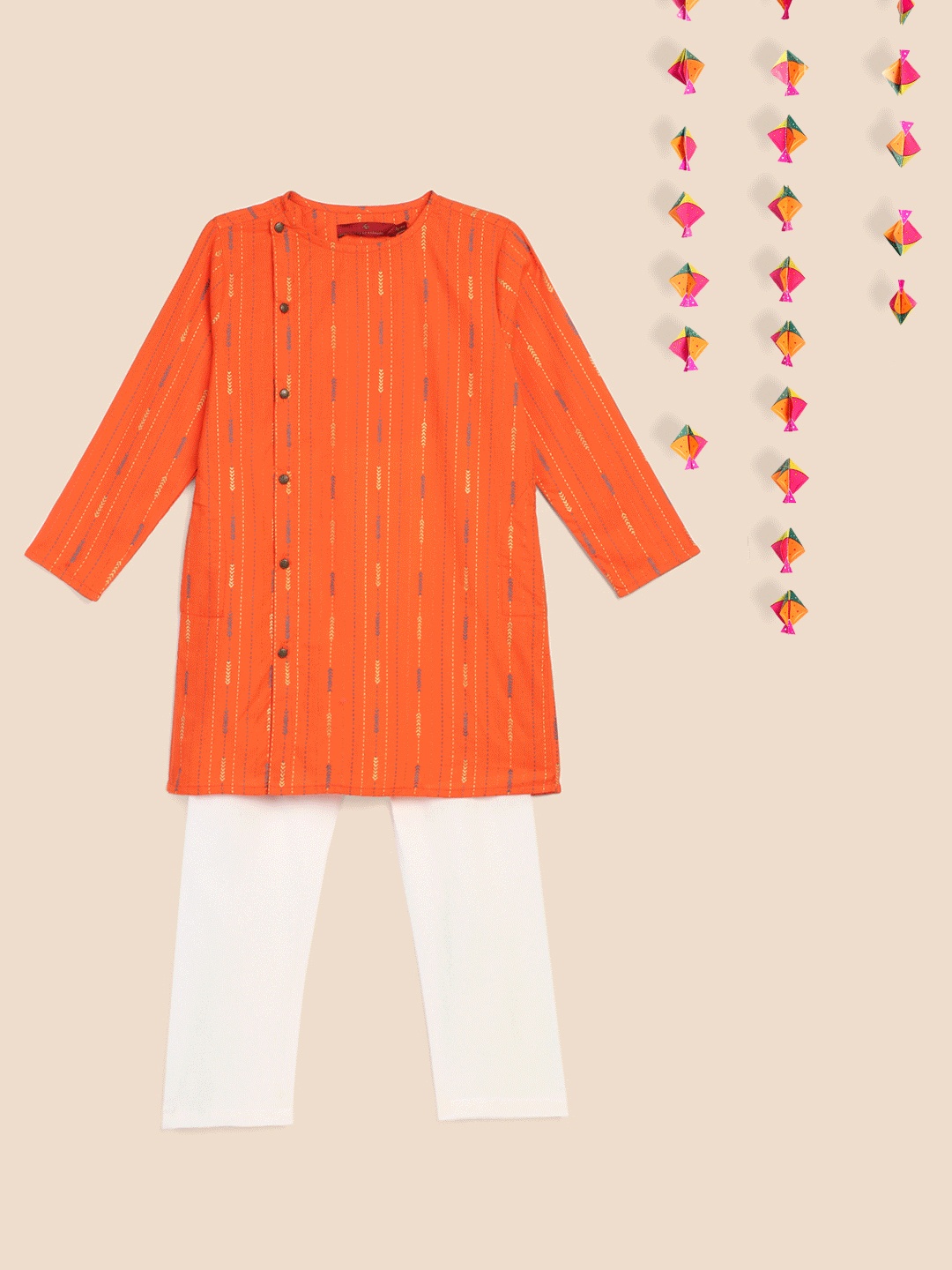 

House of Pataudi Boys Orange & White Rozana Pure Cotton Printed Kurta with Pyjamas