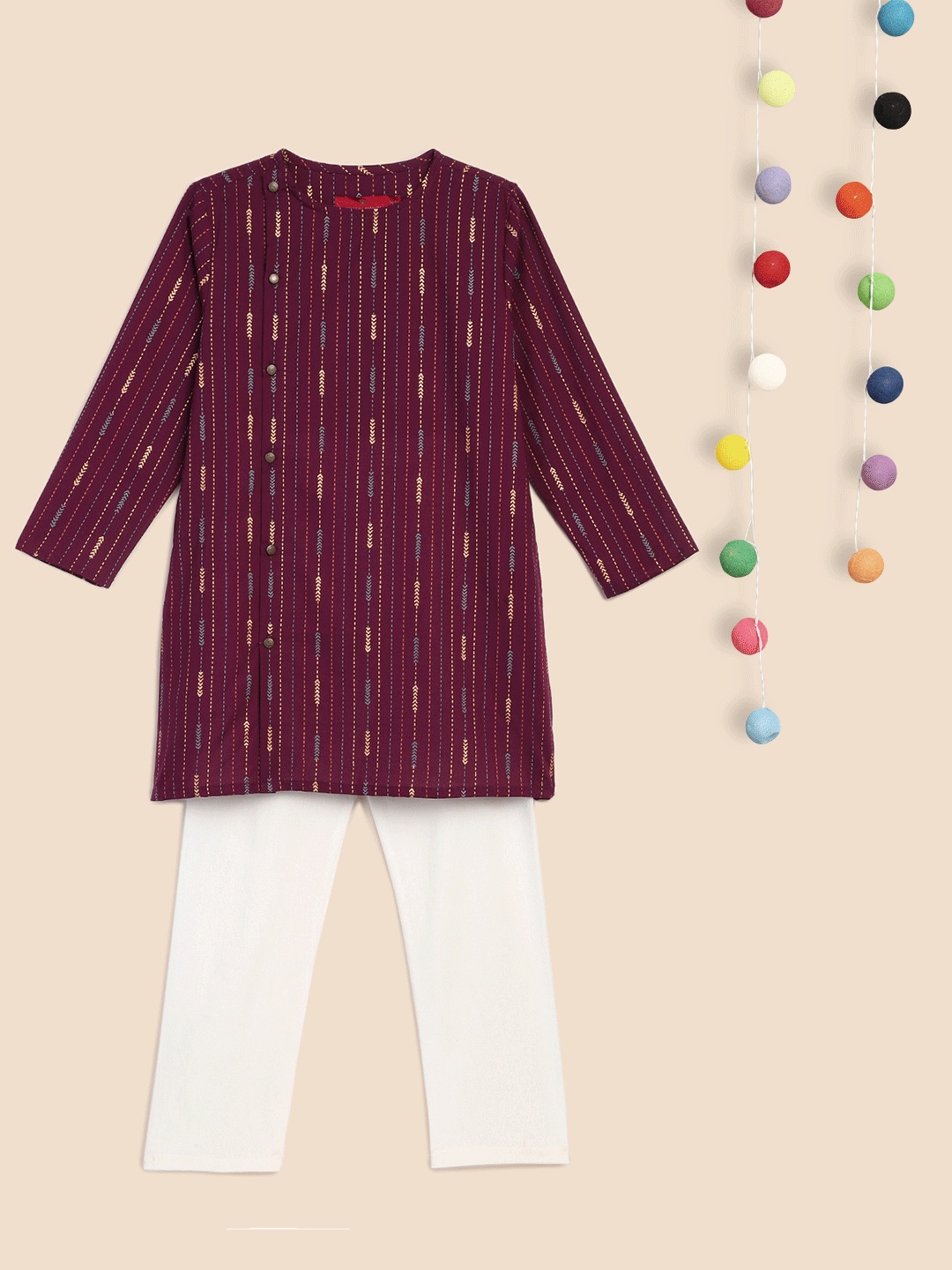 

House of Pataudi Boys Maroon & White Rozana Printed Kurta with Pyjamas