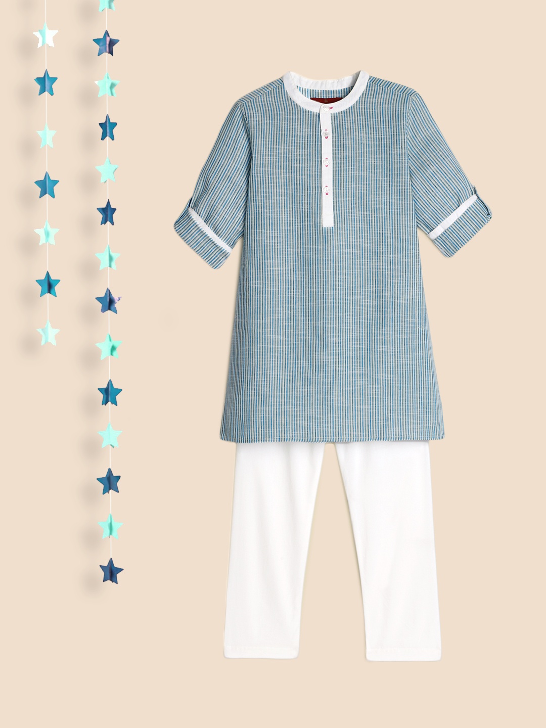 

House of Pataudi Boys Blue & White Striped Cotton Kurta with Pyjamas