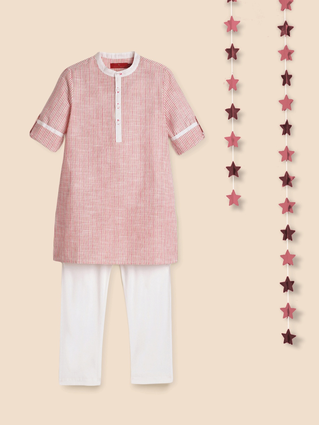 

House of Pataudi Boys Red & White Striped Cotton Kurta with Pyjamas