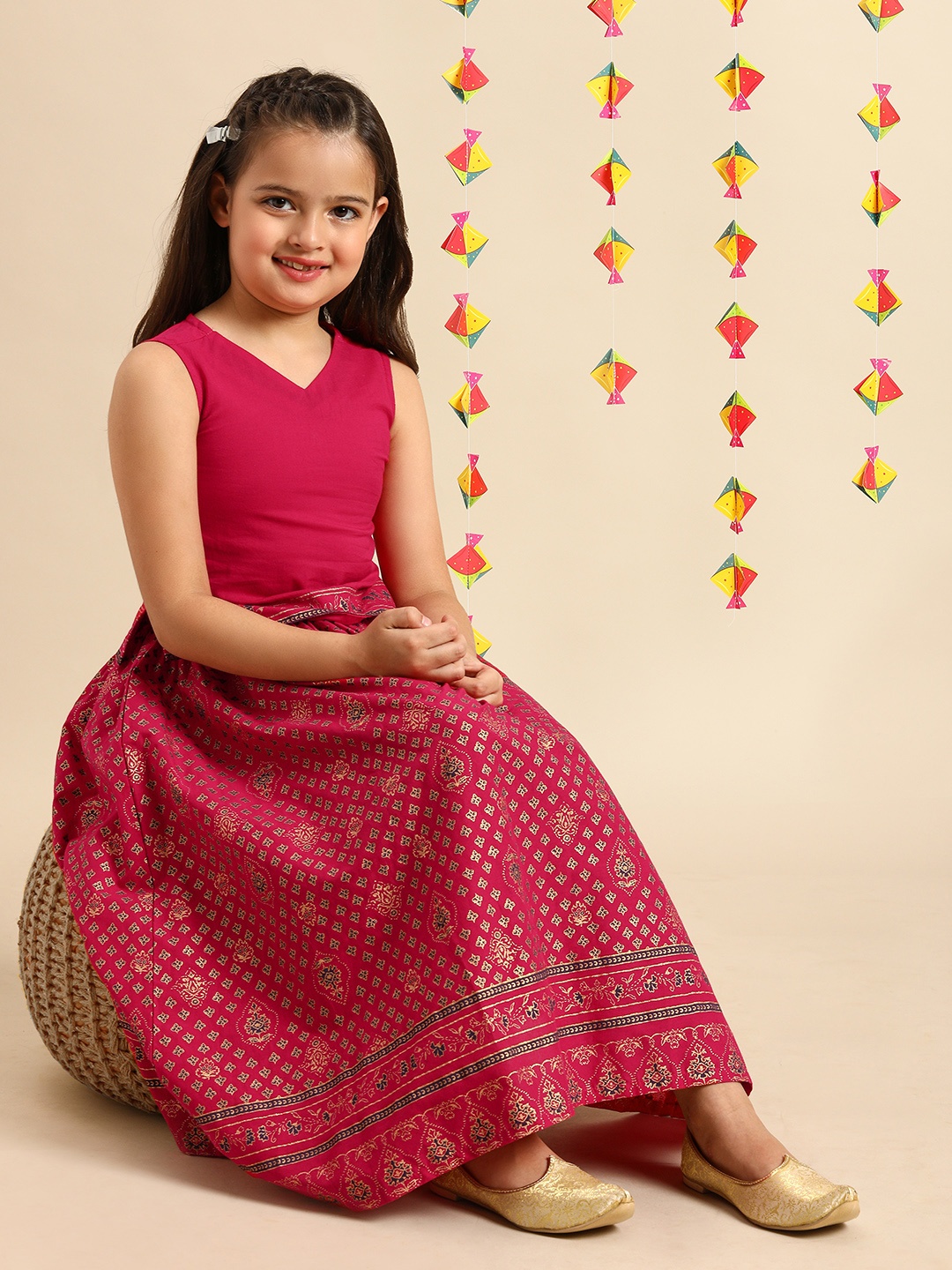 

House of Pataudi Girls Pink Rozana Ornated Gold Print Cotton Lehenga with Blouse