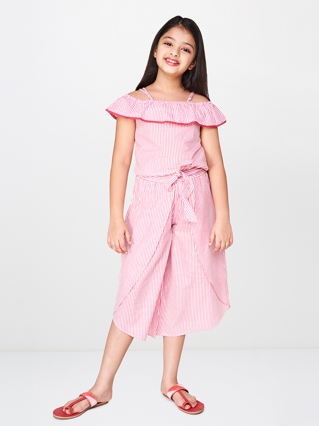 

Global Desi Girls Pink & White Striped Pure Cotton Top with Palazzos