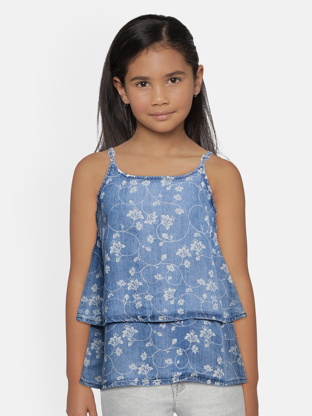 

Global Desi Girls Blue & Beige Floral Printed Layered Top