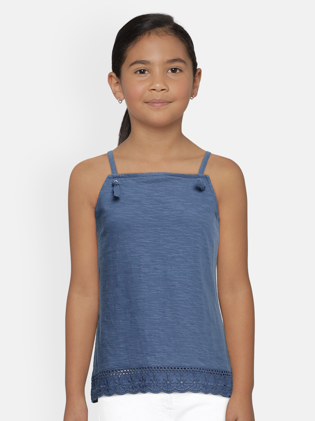 

Global Desi Girls Blue Solid Pure Cotton Shoulder Strap Top