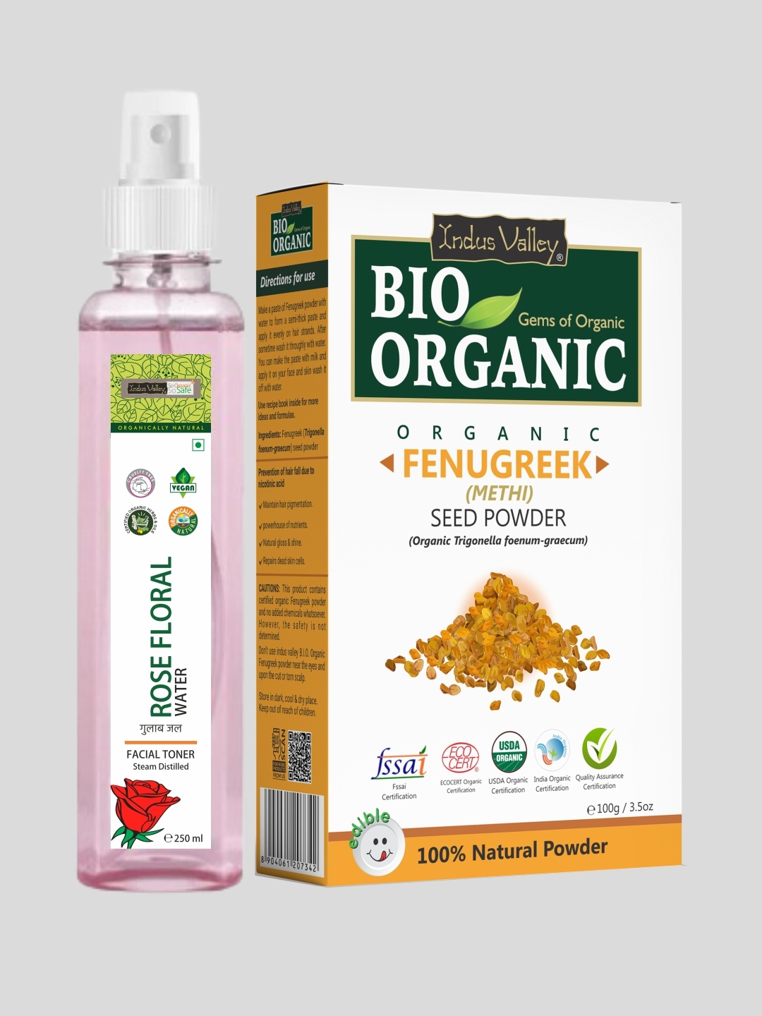 

Indus Valley Orange Bio Organic Fenugreek Powder & Ayurveda Facial Fresh Rose Water Toner