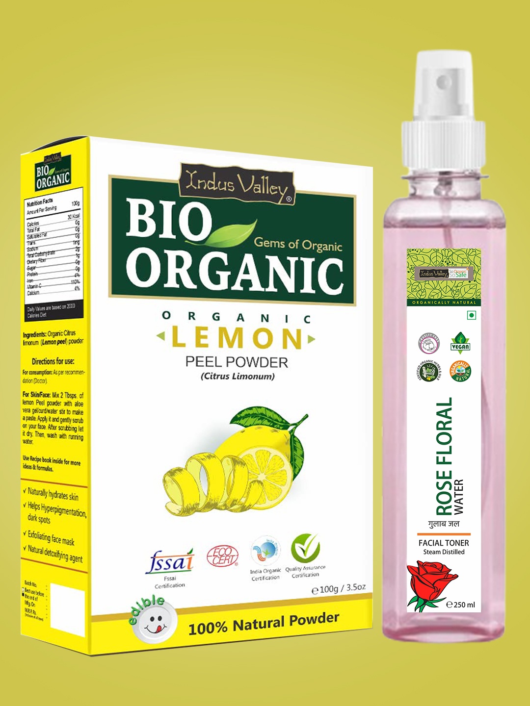 

Indus Valley Bio Organic Lemon Peel Powder & Ayurveda Facial Fresh Rose Toner, Yellow