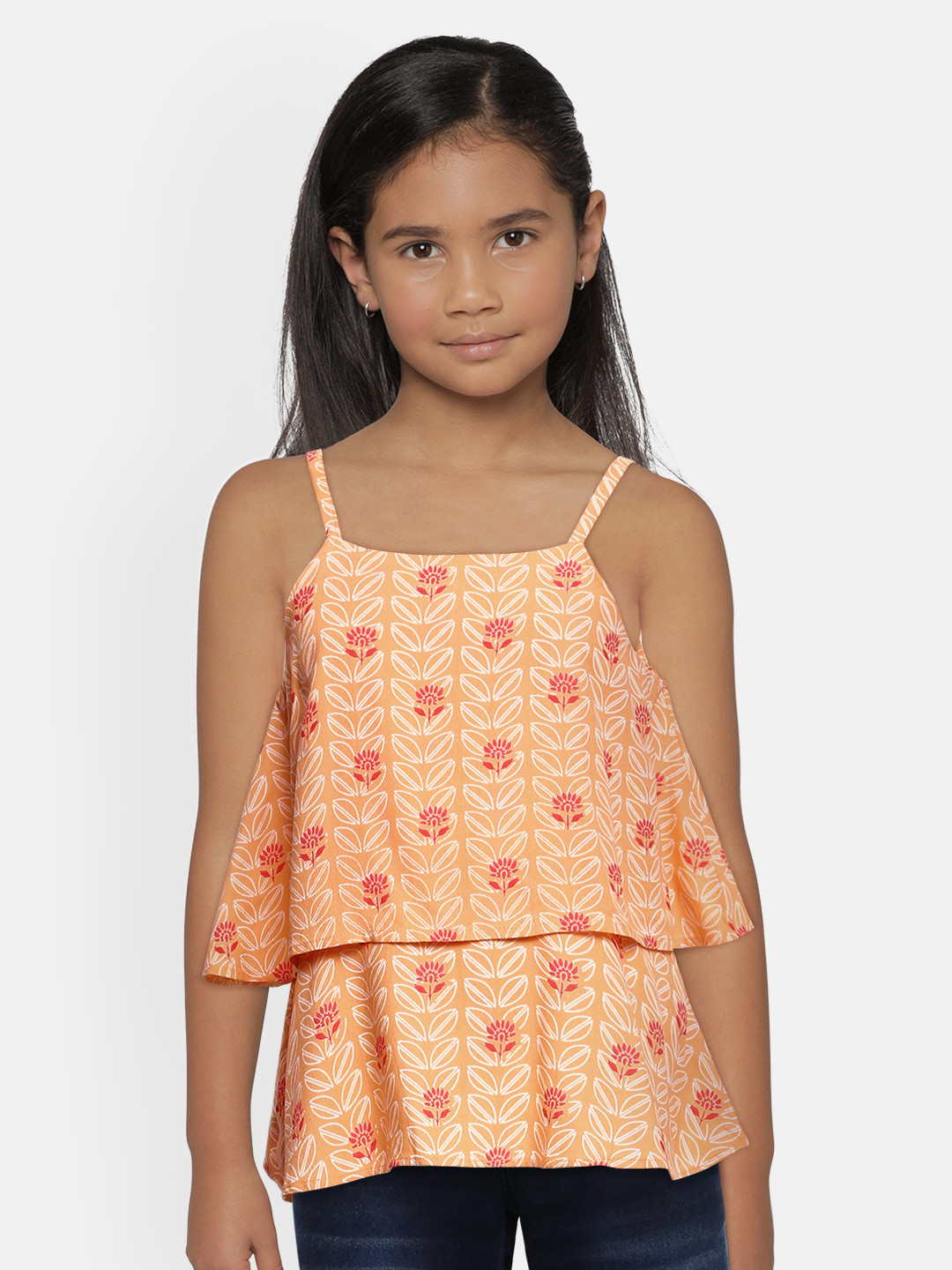 

Global Desi Girls Orange & Pink Floral Printed Layered Top