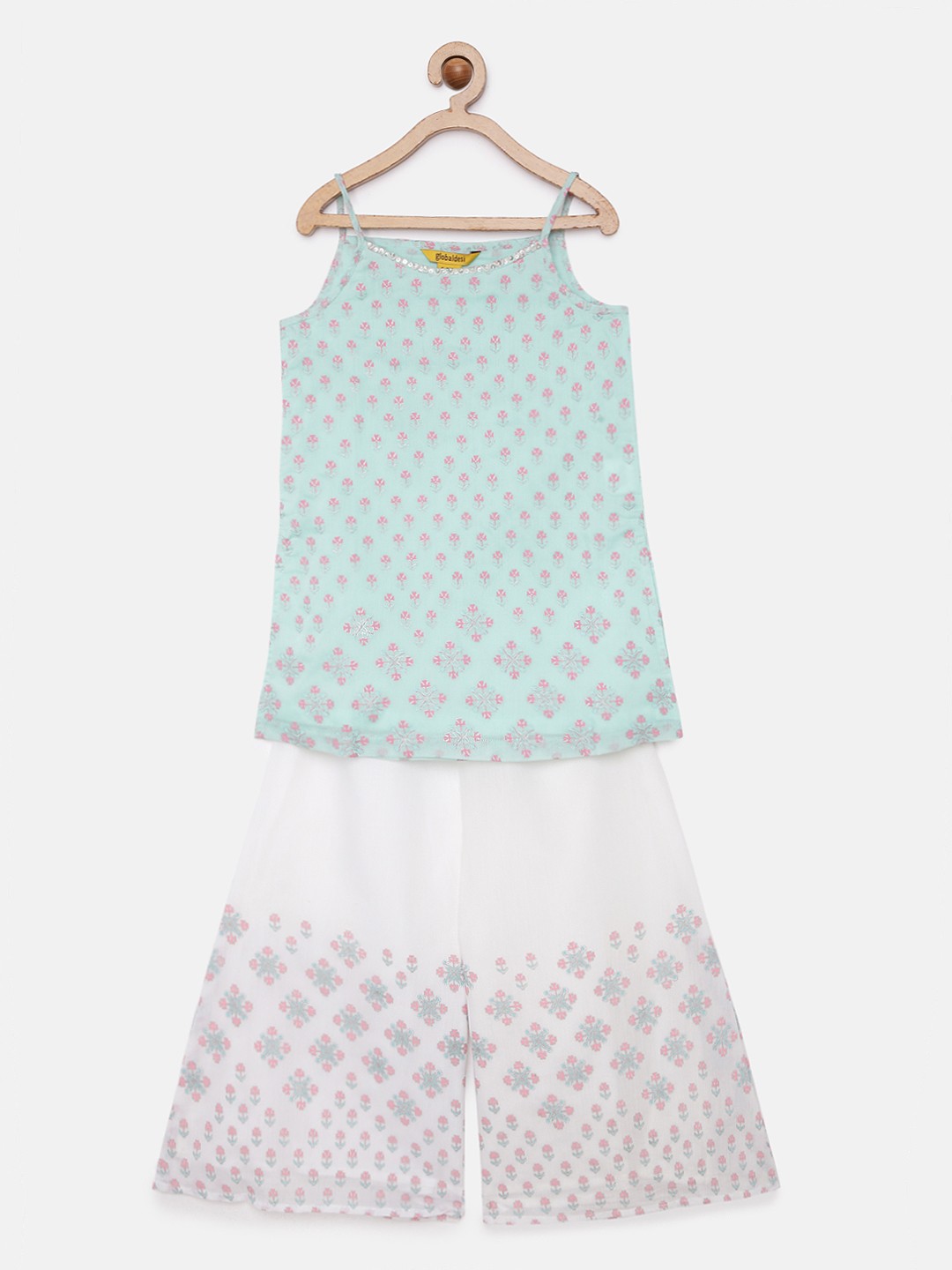 

Global Desi Girls Turquoise Blue Printed Top with White Printed Palazzos