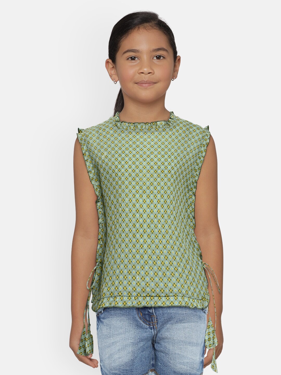 

Global Desi Girls Olive Green Checked Pure Cotton Side Tie-Ups Top