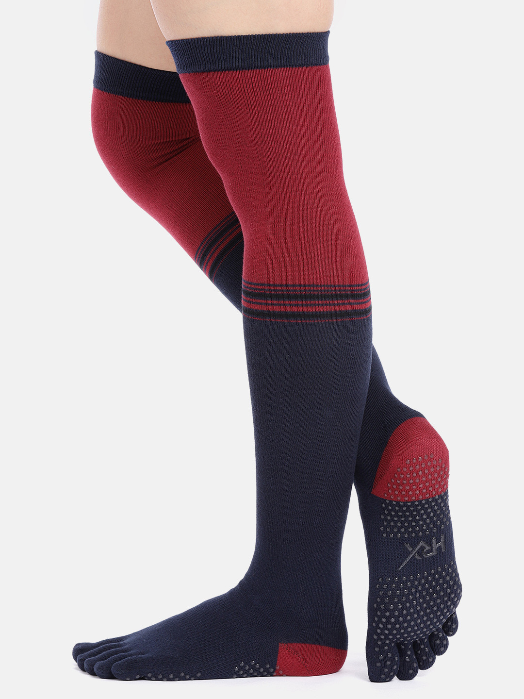 

HRX by Hrithik Roshan Women Navy & Maroon Colourblock Knee Length Five Toe Yoga Socks, Navy blue