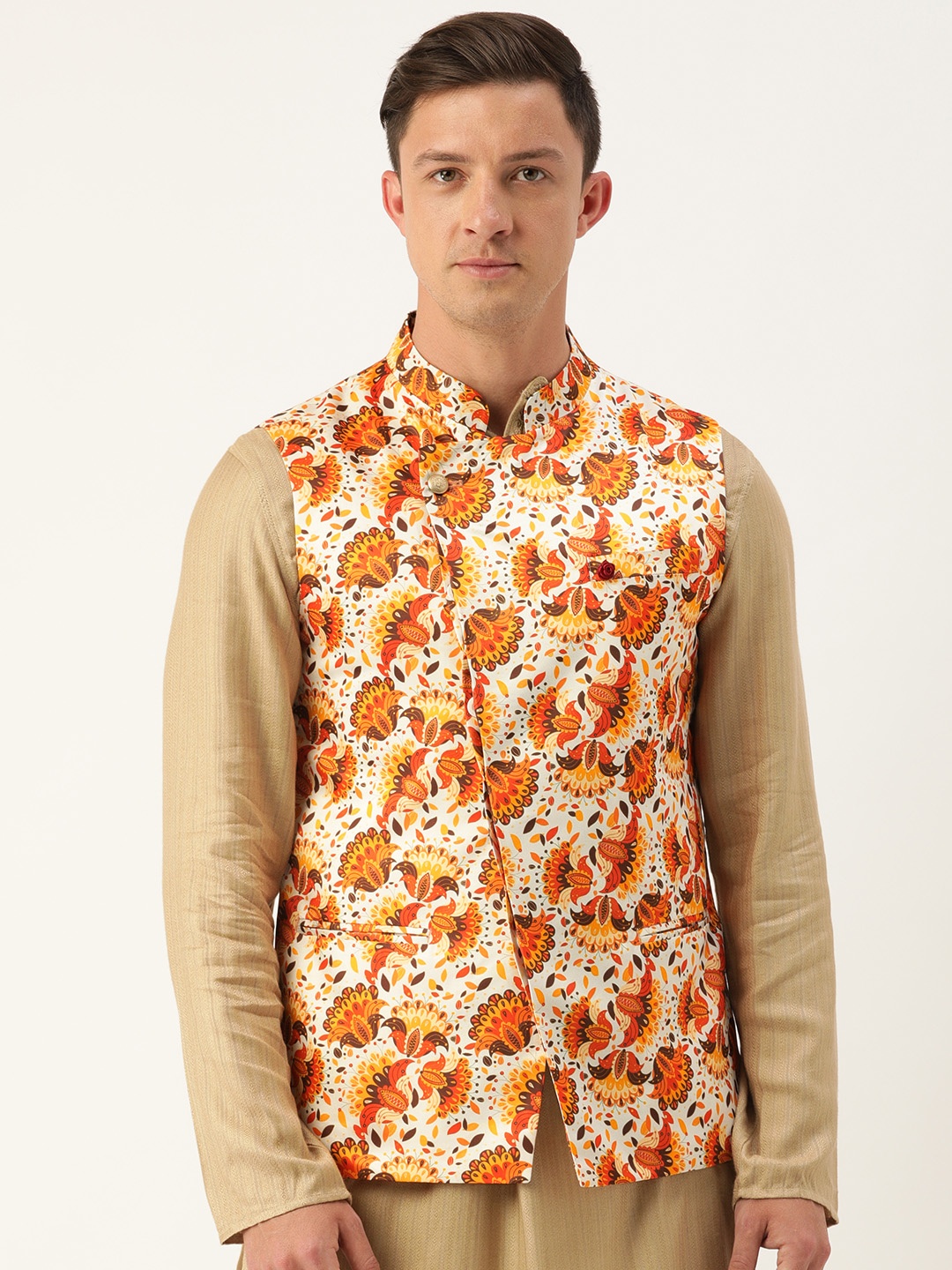 

The Indian Garage Co Men Orange & White Floral Printed Woven Nehru Jacket