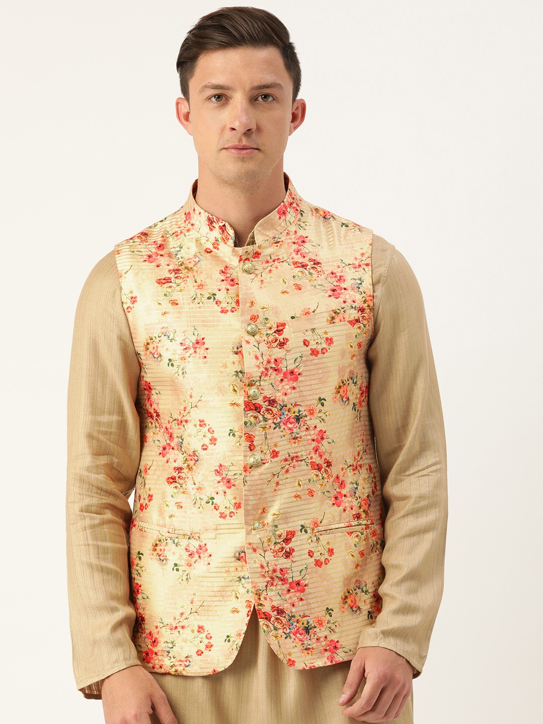

The Indian Garage Co Men Beige & Red Floral Printed Woven Nehru Jacket