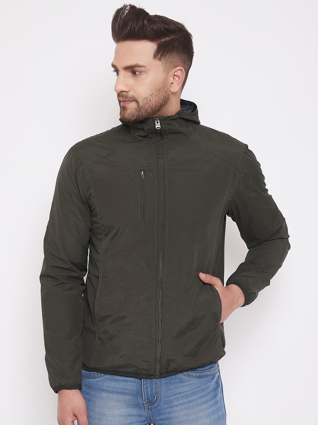 

JUMP USA Men Olive Green Solid Water Resistant Tailored Jacket