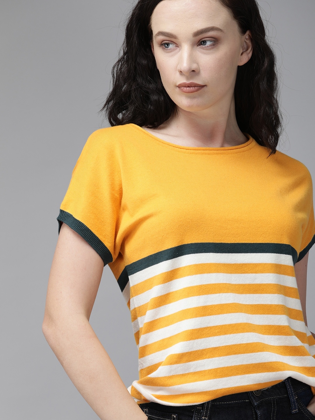 

The Roadster Lifestyle Co Women Yellow & White Striped Regular Top