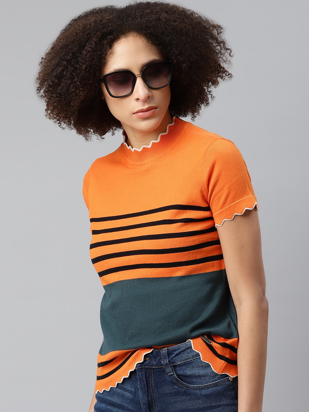 

The Roadster Lifestyle Co Women Orange & Black Striped Lettuce Edge Regular Top