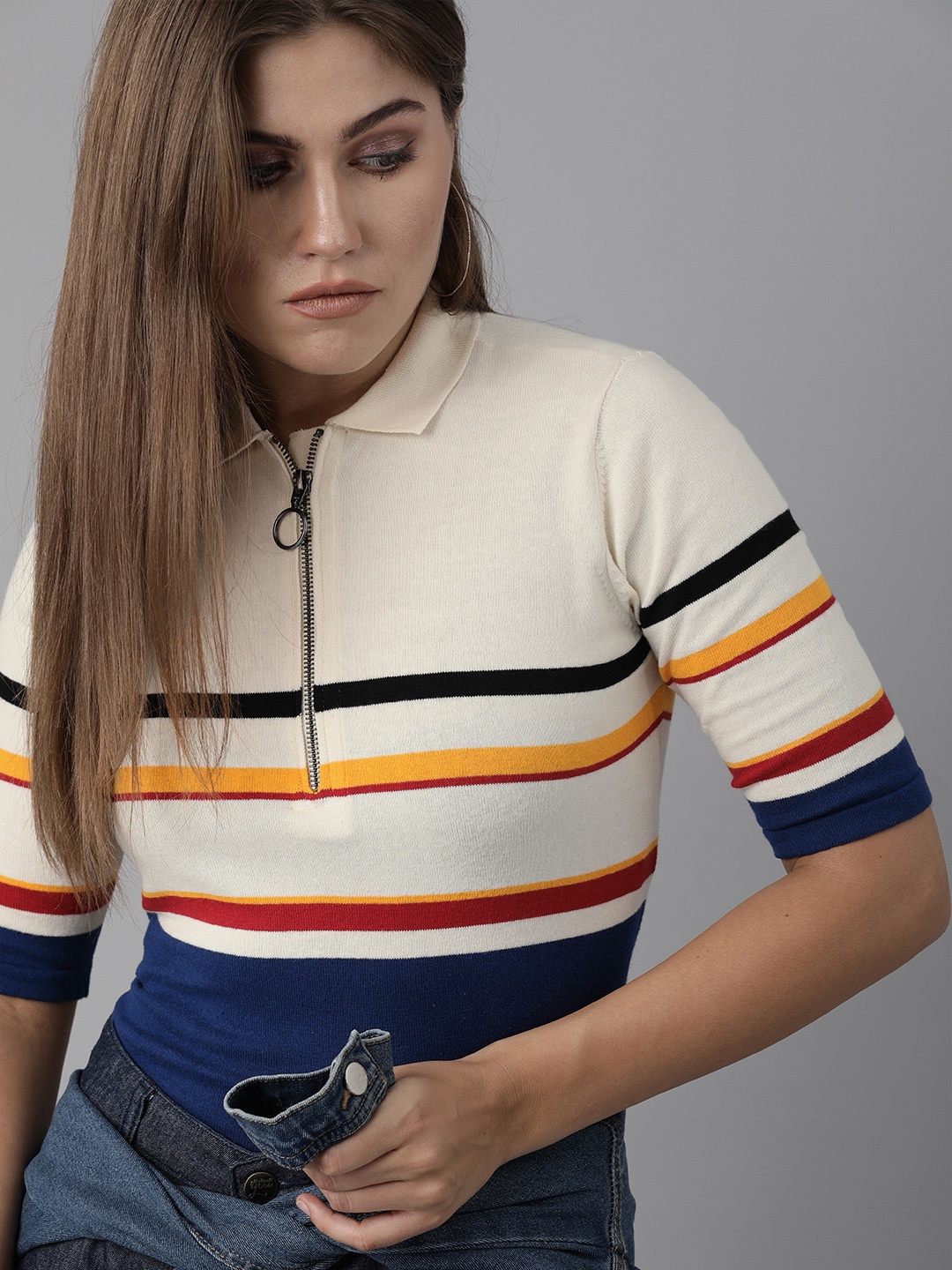 

The Roadster Lifestyle Co Women Off White & Navy Blue Striped Regular Top