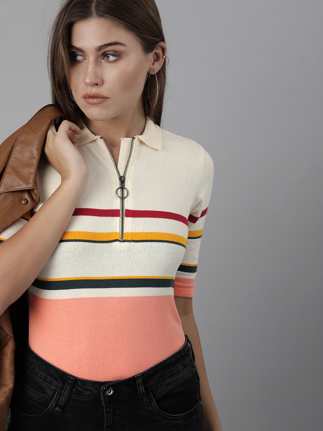 

The Roadster Lifestyle Co Women Off White & Pink Striped Regular Top