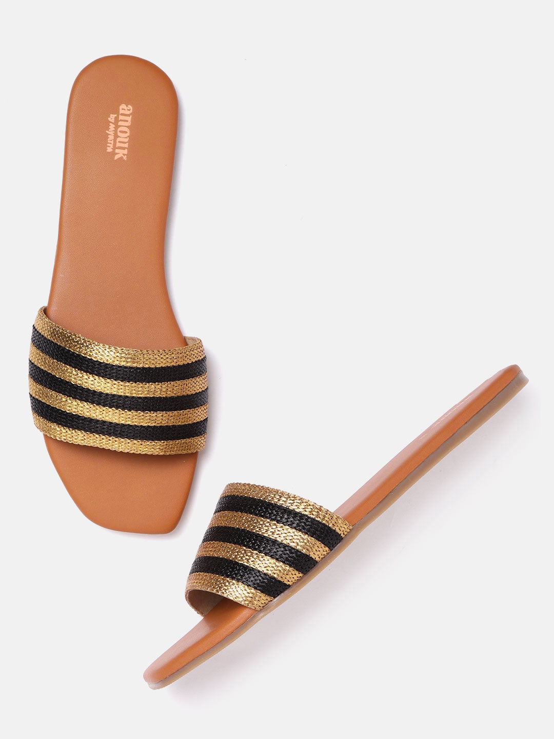 

Anouk Women Black & Gold-Toned Self-Striped Handmade Open Toe Flats