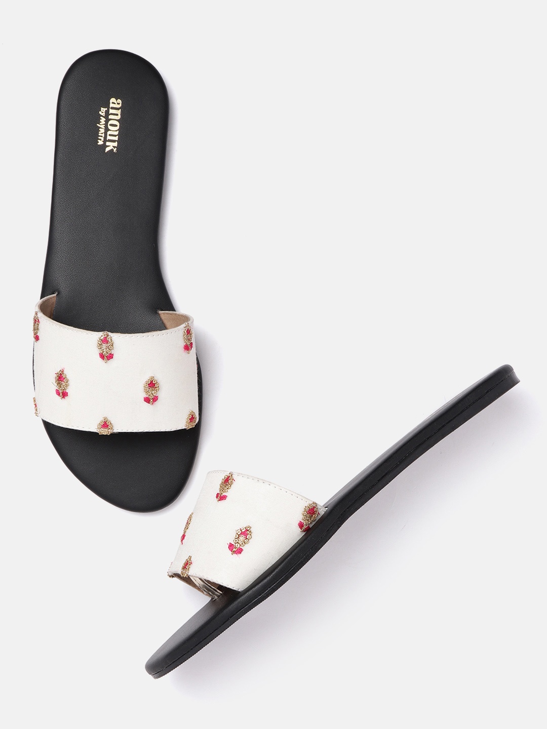 

Anouk Women White & Fuchsia Pink Ethnic Patterned Open Toe Flats