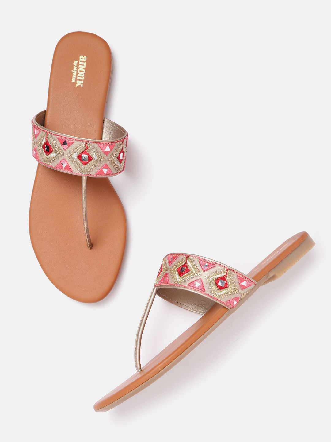 

Anouk Women Beige & Pink Embroidered Mirror Work Detail T-Strap Flats