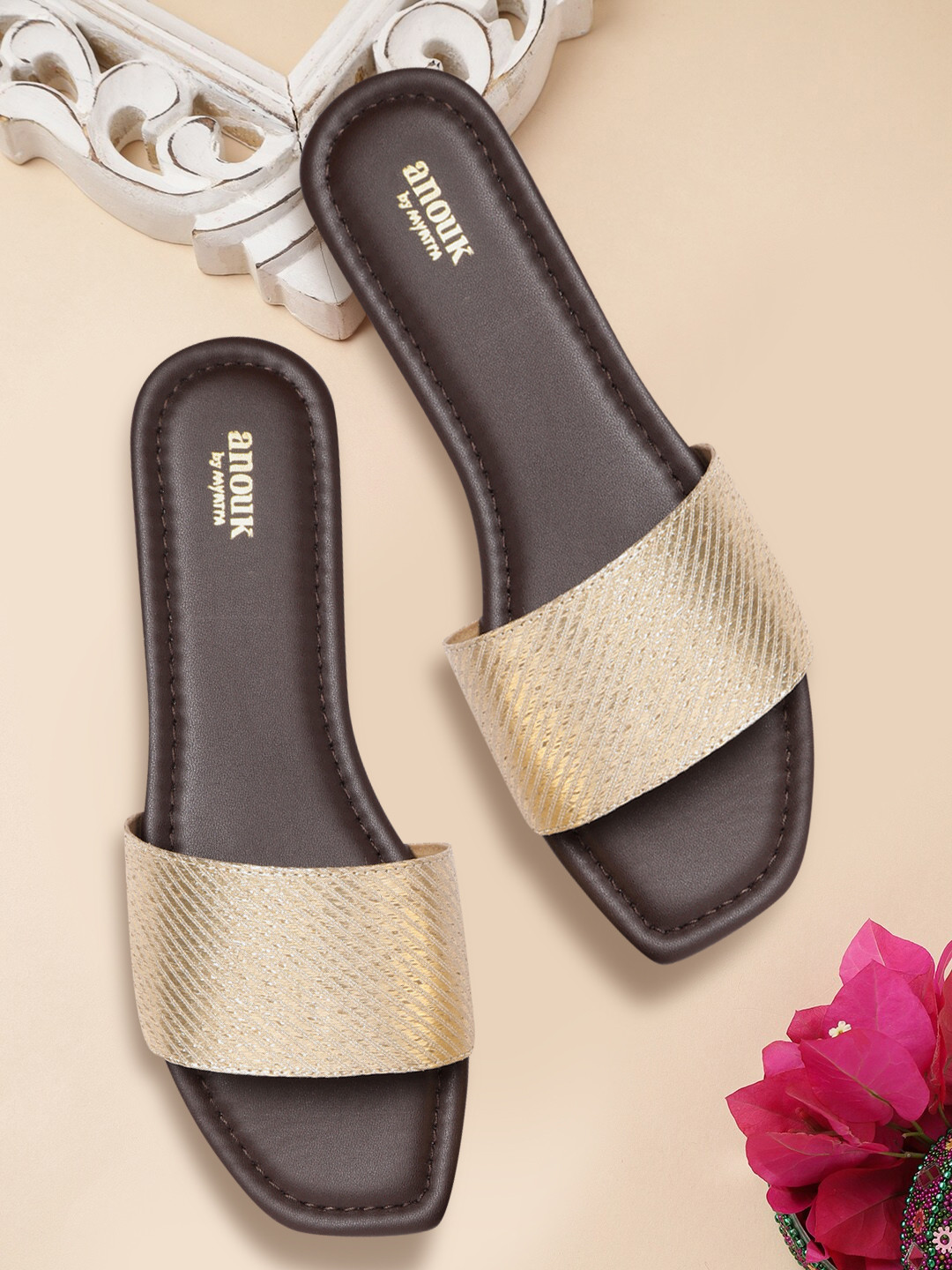 

Anouk Women Gold-Toned Self-Striped Open Toe Flats