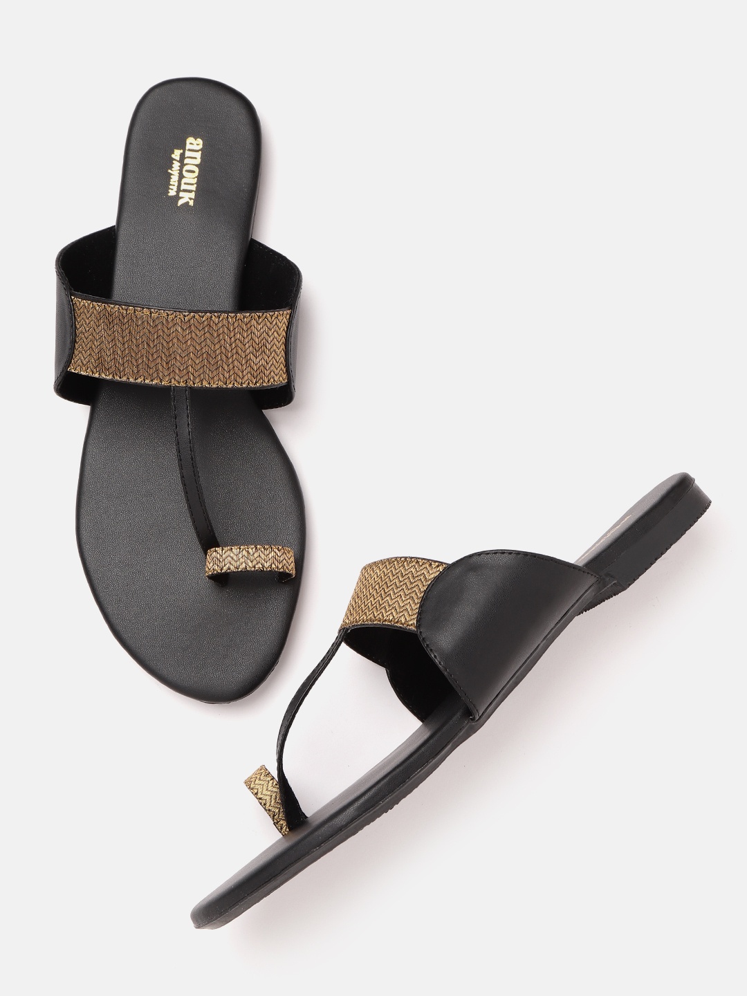 

Anouk Women Black & Gold-Toned Woven Design Handcrafted One Toe Flats