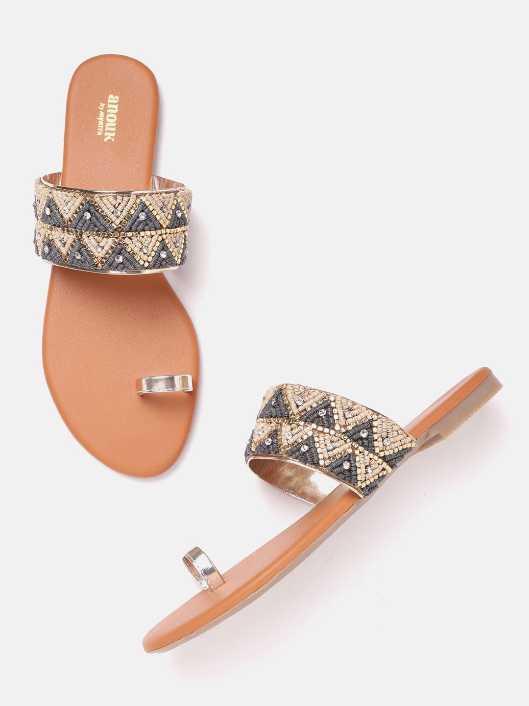 

Anouk Women Charcoal Grey & Beige Embellished Handcrafted One Toe Flats