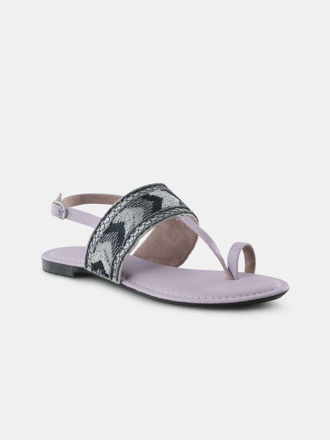 

Anouk Women Grey & Black Embellished Ethnic T-Strap Flats