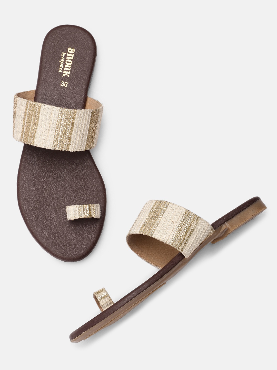 

Anouk Women Gold-Toned & Beige Woven Design One Toe Flats