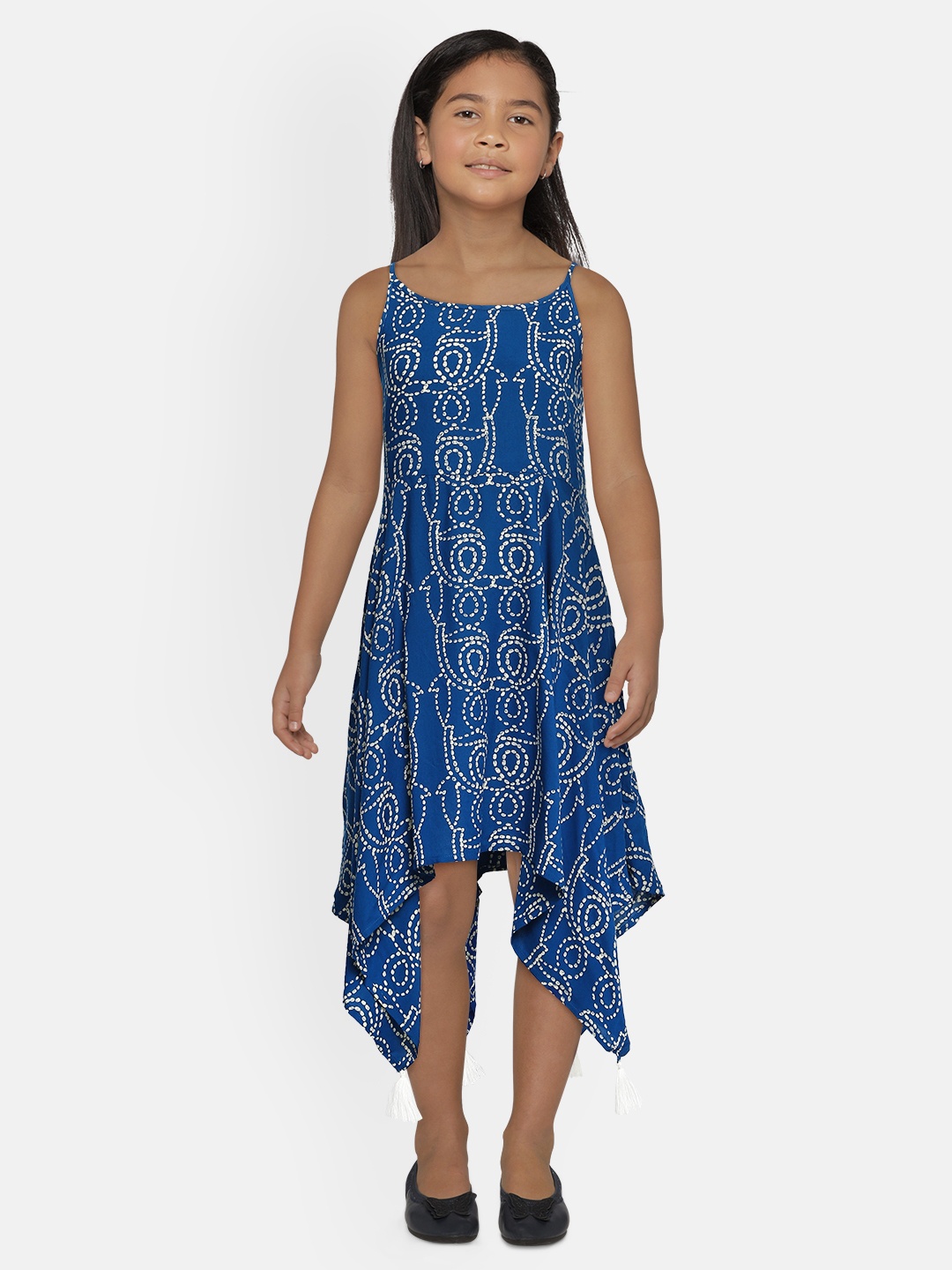 

Global Desi Girls Navy Blue & Beige Ethnic Print A-Line Dress