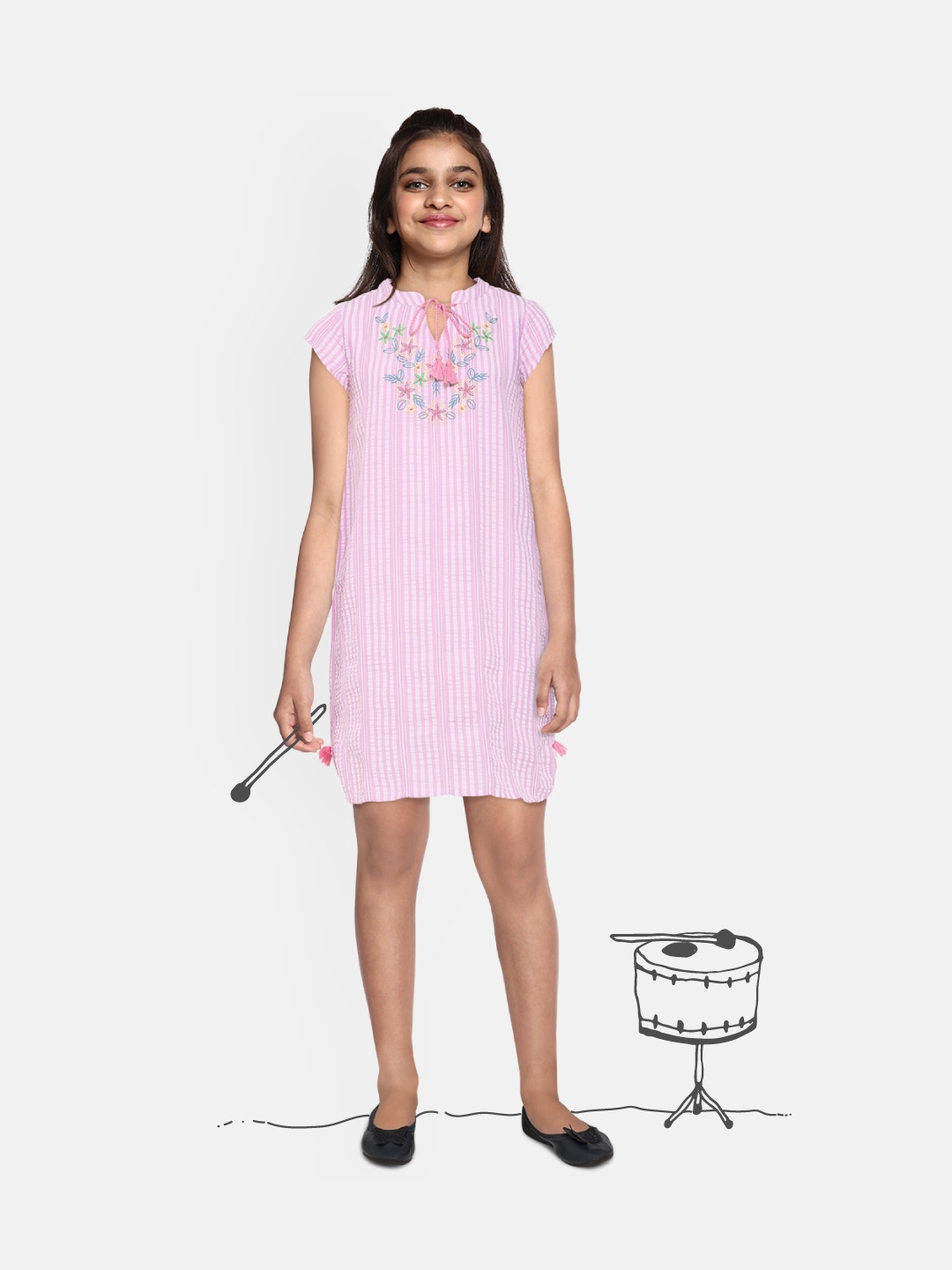 

Global Desi Girls Pink & White Striped Embroidery Detailed A-Line Dress
