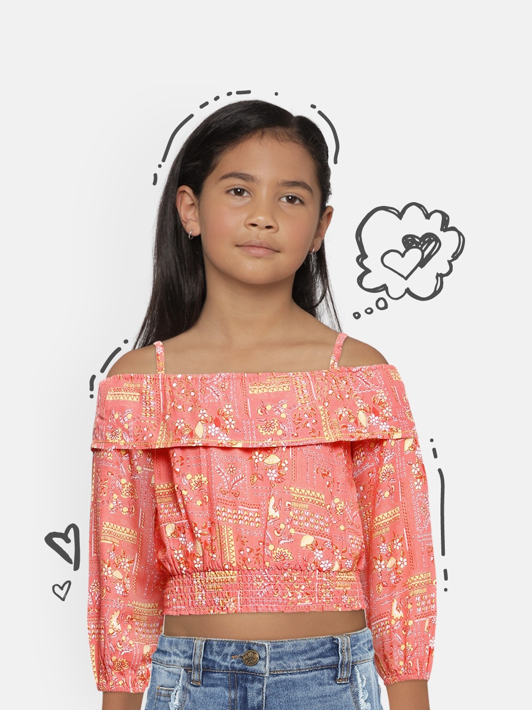 

Global Desi Coral Printed Bardot Top