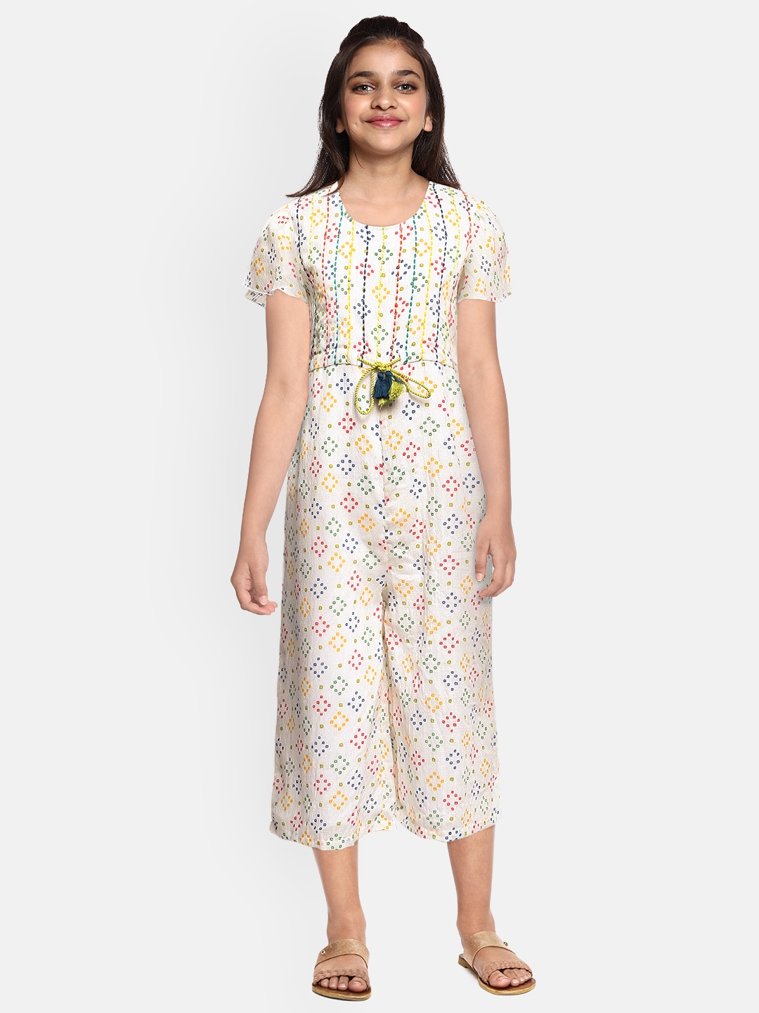 

Global Desi Girls Off-White Printed Basic Jumpsuit