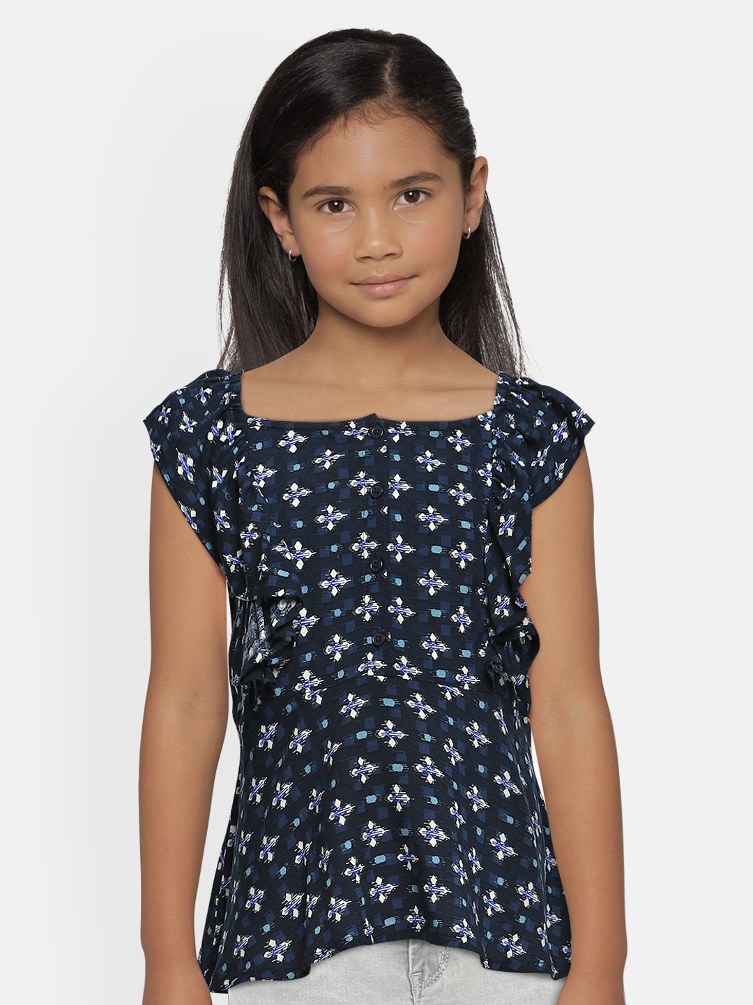 

Global Desi Girls Navy Blue Printed Top