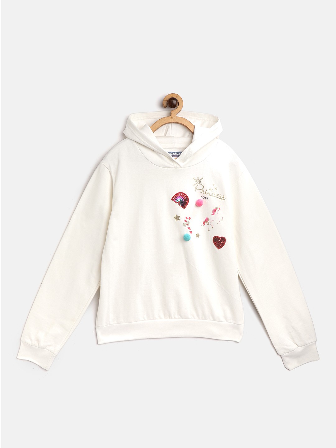 

Nauti Nati Girls White & Red Sequinned Hooded Pure Cotton Sweatshirt