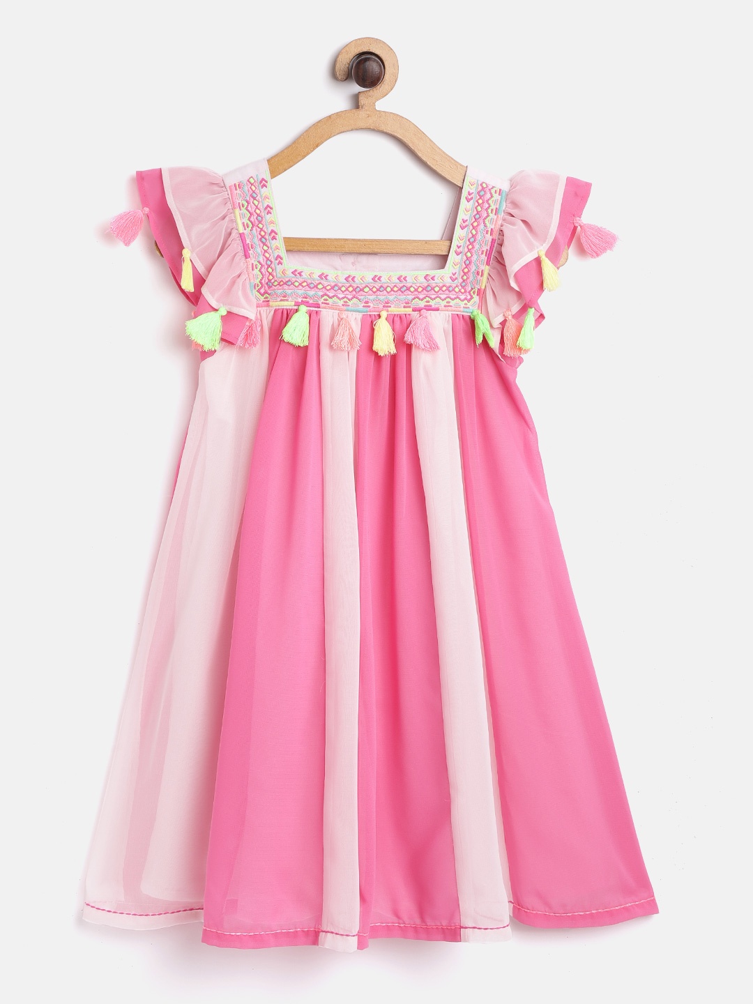 

Nauti Nati Girls Pink Striped Tasselled A-Line Dress
