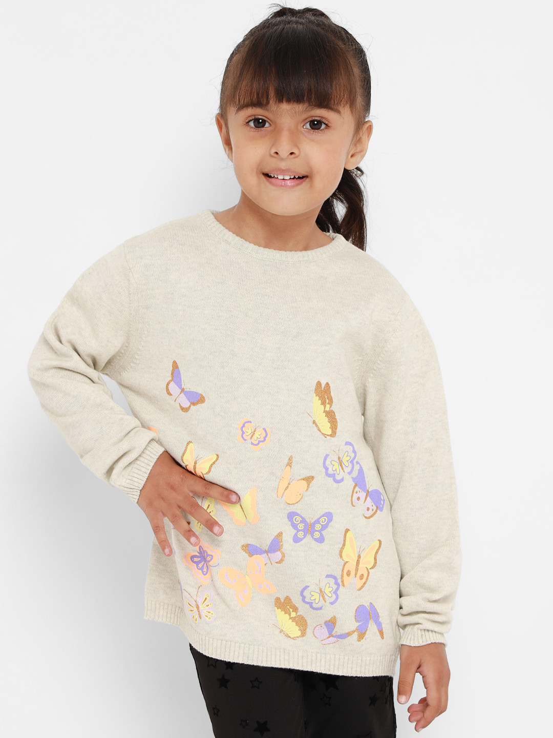 

Nauti Nati Girls Grey Melange & Purple Butterfly Print Pure Cotton Pullover Sweater