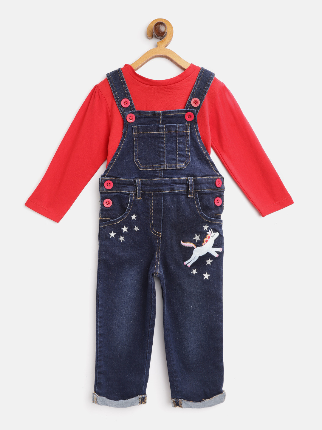 

Nauti Nati Girls Red & Navy Blue Solid Pure Cotton T-shirt with Denim Dungarees