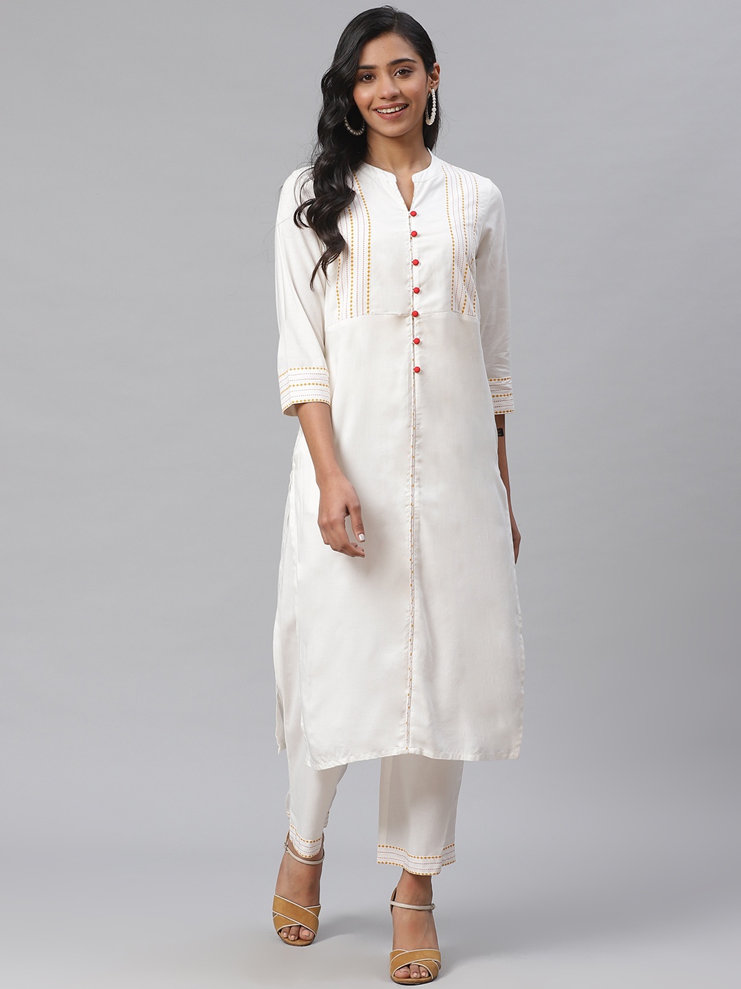 

clorals Women Off-White & Mustard Yellow Striped Kurta with Solid Palazzos
