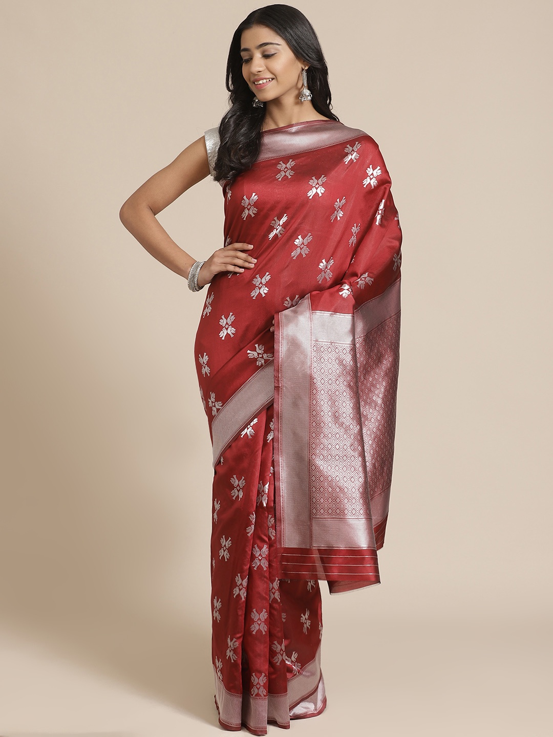 

Mitera Maroon & Silver Zari Woven Design Banarasi Saree