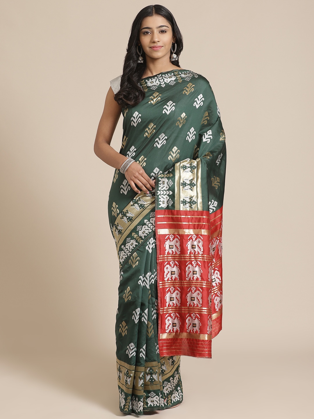 

Mitera Green & Silver Zari Woven Design Banarasi Saree