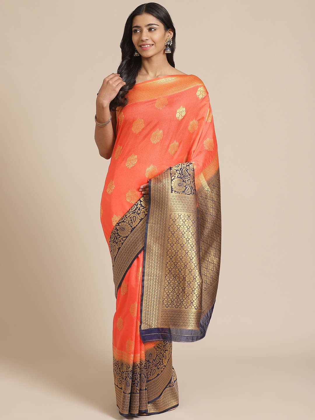 

Mitera Coral Orange & Golden Zari Woven Design Banarasi Saree